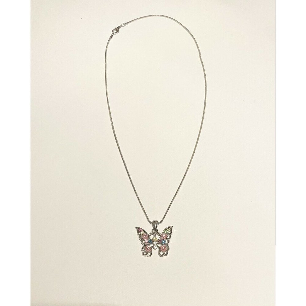 Vintage Silver Tone Colorful Rhinestone Butterfly Necklace